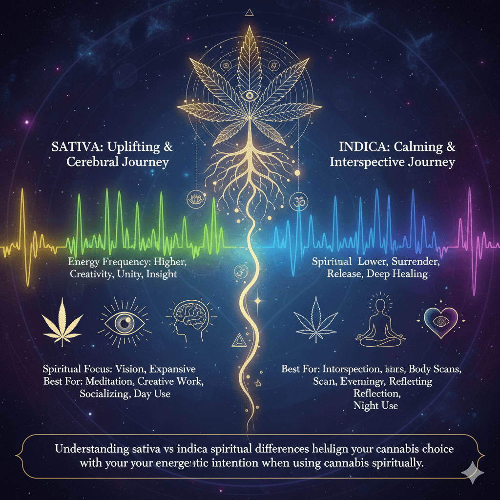Cannabis plant with spiritual symbols showing sativa vs indica spiritual effects and energy frequencies.