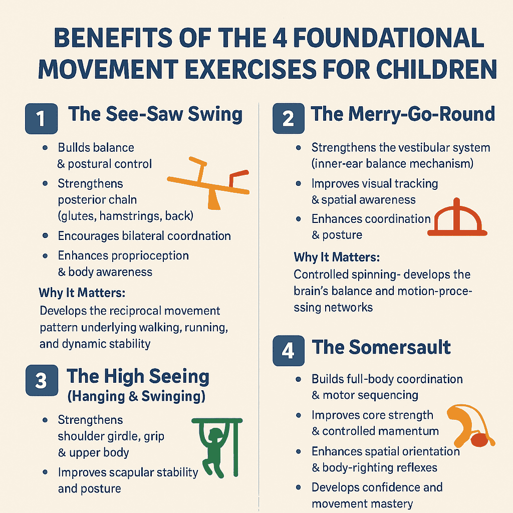 The benefits of exercise for children, showing strength training, endurance, flexibility, and balance as key activities that boost physical health, confidence, coordination, and overall well-being.