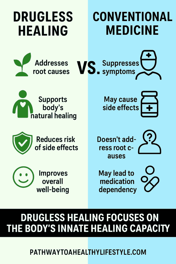 Comparison of drugless healing vs conventional medicine, highlighting how natural healing methods support the body’s self-repair through nutrition, rest, and toxin elimination, while conventional medicine focuses on symptom suppression and pharmaceutical intervention.