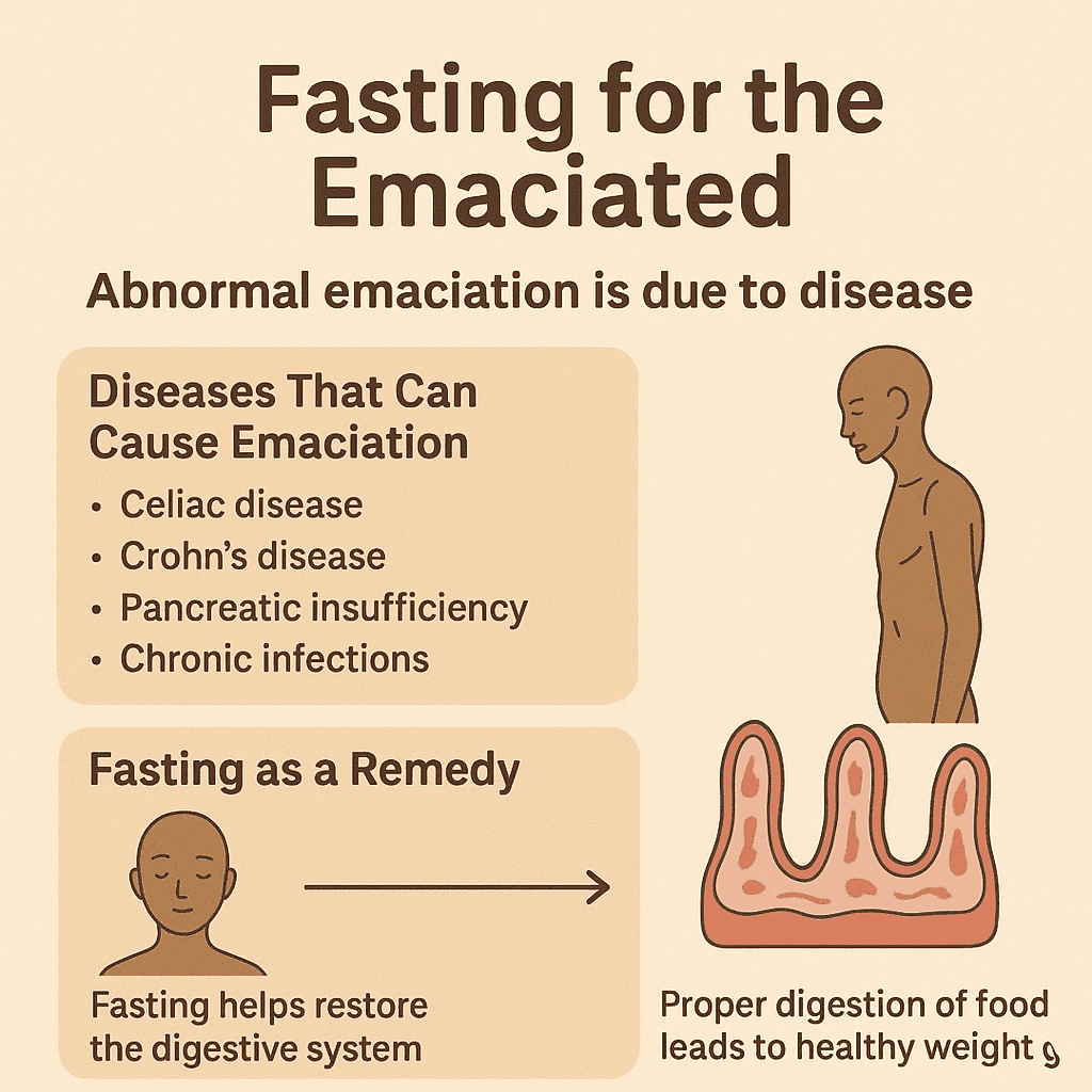 fasting for the emaciated and weight loss Fasting for weight loss infographic explaining how diseases like celiac disease and Crohn’s disease can cause nutrient malabsorption and how balanced fasting supports digestive restoration, improved metabolism, and healthy weight recovery.
