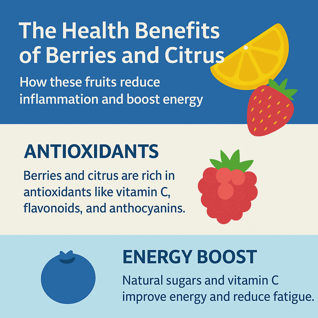 The health benefits of berries and citrus, showing how vitamin C, flavonoids, and antioxidants reduce inflammation, boost energy, and promote overall wellness naturally.