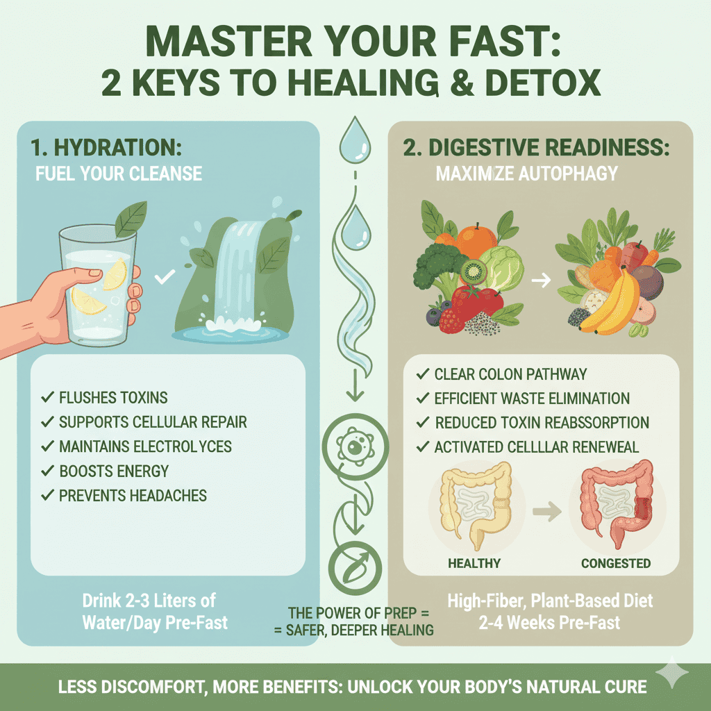 Fasting for Disease Cure: A Science-Based Guide to Healing & Recovery 1 proper hydration and digestive readiness enhance the health benefits of fasting for disease cure. It highlights the role of a plant-based, high-fiber diet in clearing the colon, improving detox efficiency, and supporting the body’s natural autophagy process during fasting.