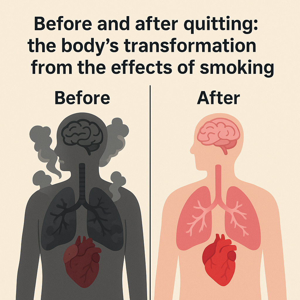 Before and after smoking effects shown through damaged organs on the left and healthier lungs, heart, and brain on the right.