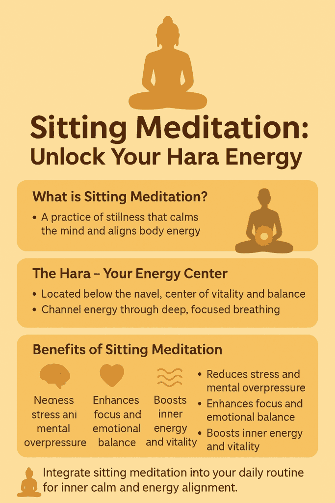 Sitting Meditation: A Practical Guide to Deep Awareness 2 A guide to sitting meditation explains the Hara, an energy center located below the navel, and lists key benefits including reduced stress, enhanced focus, and increased vitality.