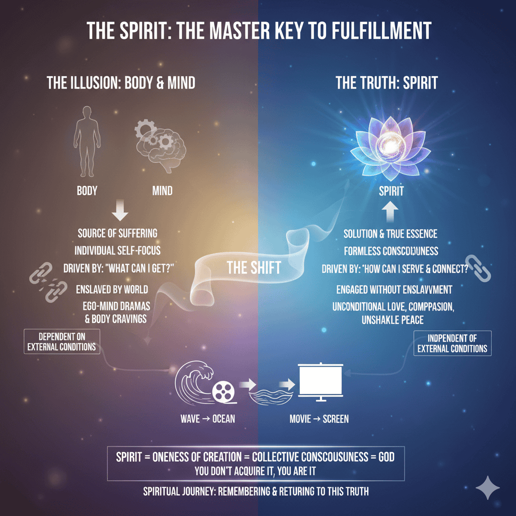 Body & Mind (Source of Suffering, dependent on external conditions) with the Spirit (Solution, independent of external conditions). The shift from individual self-focus to Oneness of Creation is identified as the path to spiritual fulfillment.