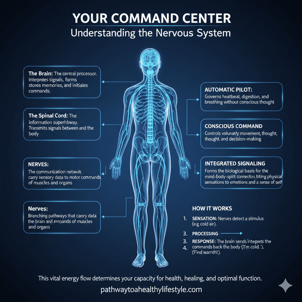Diagram of the human nervous system illustrating the nervous system mind connection as the command center linking brain signals to body functions.