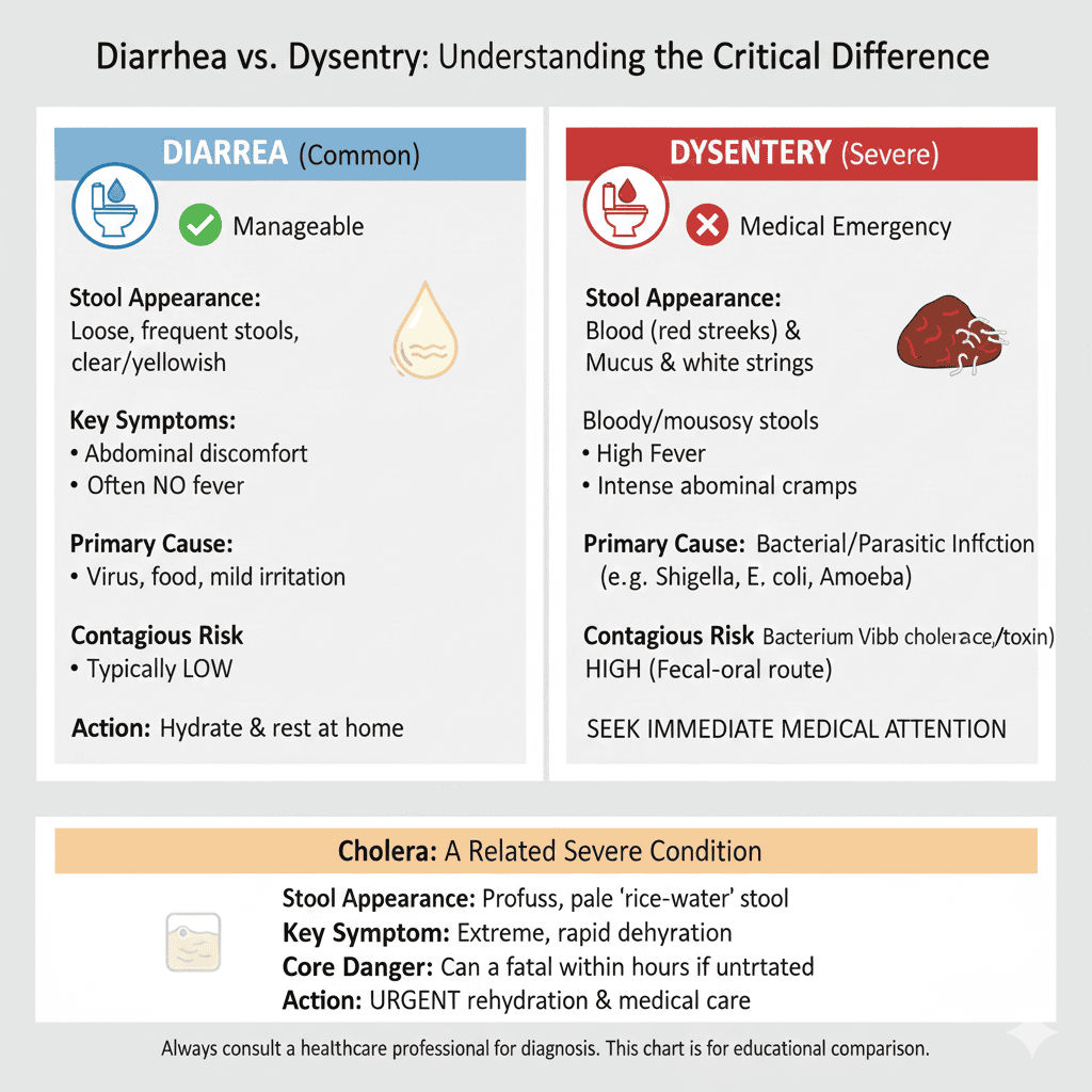 Illustrated chart comparing diarrhea causes and symptoms against severe dysentery and cholera, highlighting critical differences for proper care.