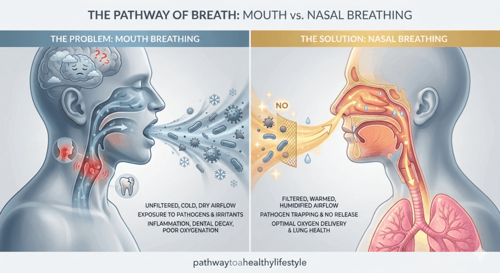 Discover the natural nose breathing benefits of air filtration and warming vs. the direct pathway of mouth breathing.
