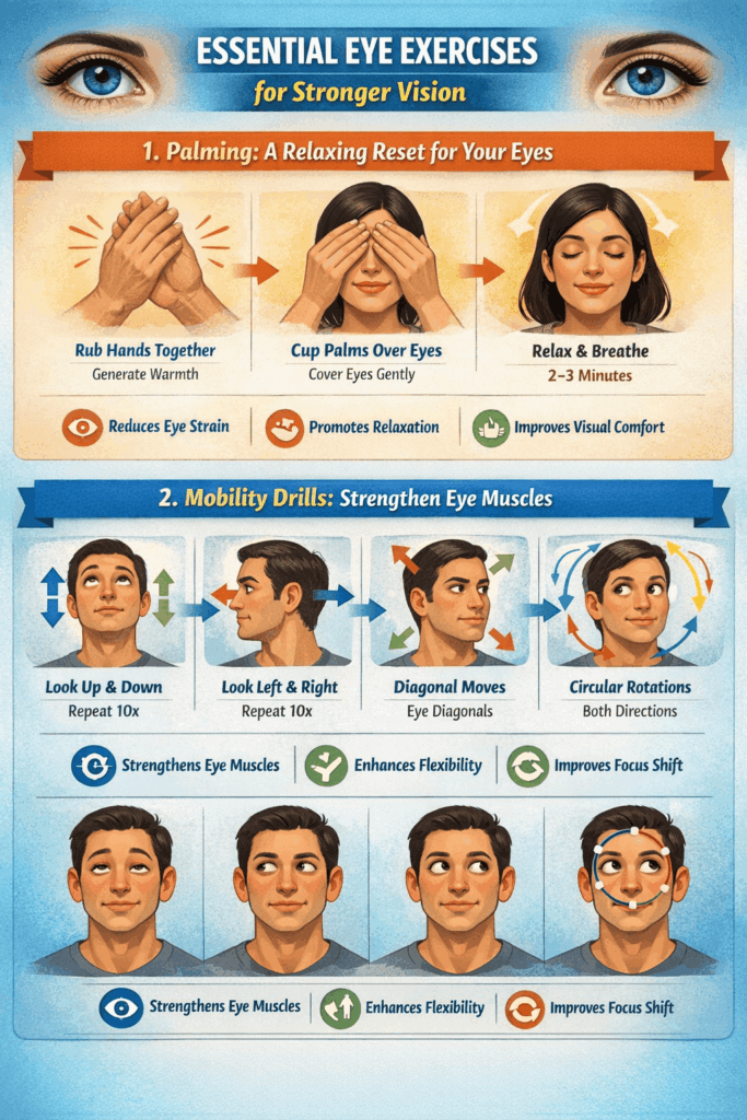 Improve Your Eyesight Naturally: Effective Eye Exercises 1 Palming and eye mobility drills to improve your eyesight naturally by relaxing eye muscles, increasing flexibility, and reducing visual fatigue.