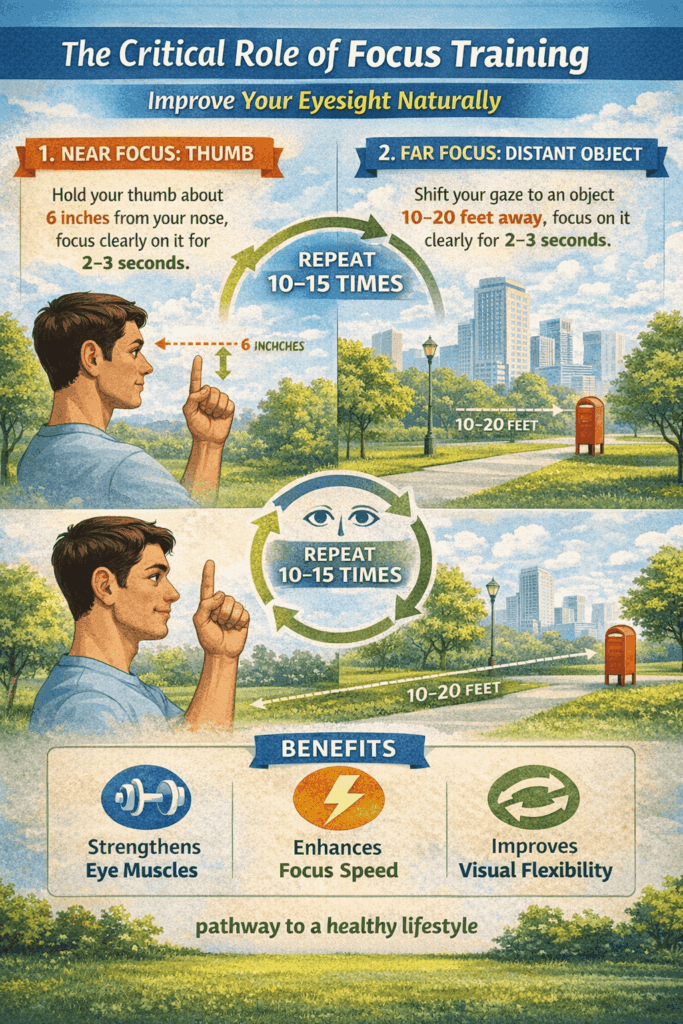 Improve Your Eyesight Naturally: Effective Eye Exercises 2 A near-far focus training exercise to improve your eyesight naturally by strengthening eye muscles and enhancing the ability to shift focus between close and distant objects.