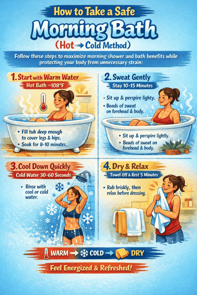 Infographic showing step-by-step Morning Bath Benefits through a hot-to-cold bathing routine, highlighting warming, brief sweating, cold rinse, and post-bath relaxation.