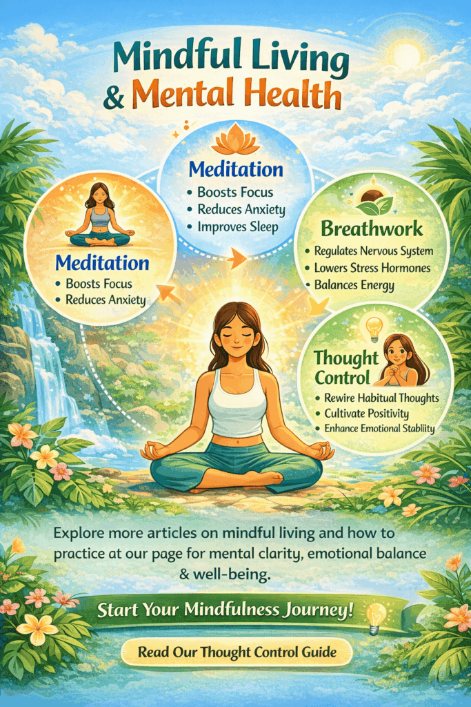Pathway to a Healthy Lifestyle: Evidence-Based Natural Health Guidance from a Certified Microbiologist 5 Mindful Living & Mental Health infographic showing how meditation, breathwork, and thought control support nervous system regulation, lower stress hormones, and emotional balance.