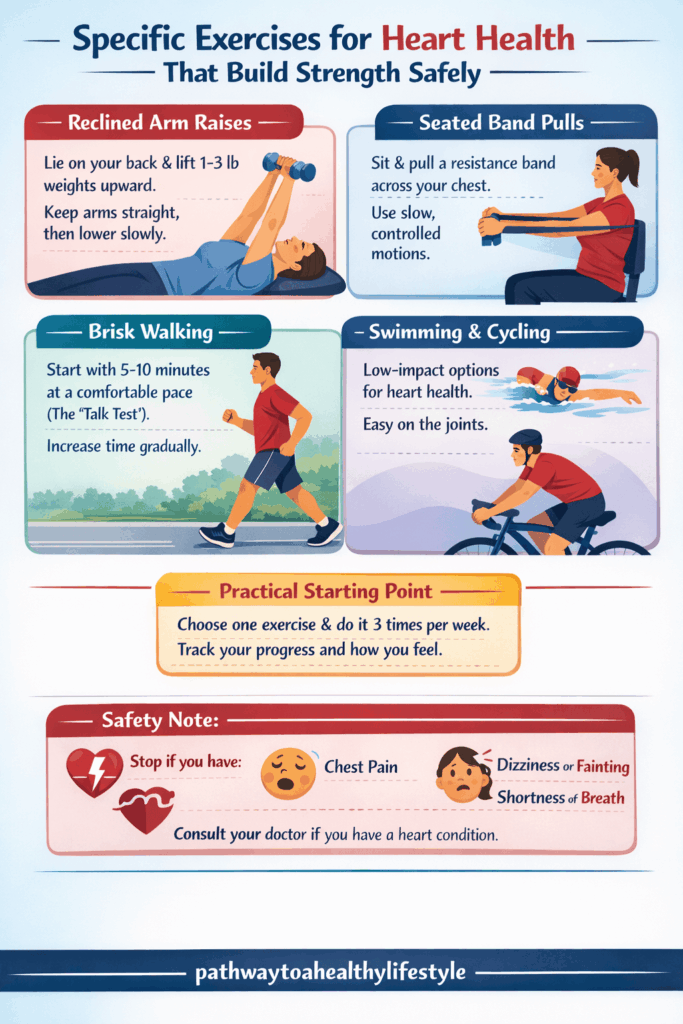 Exercises like arm raises, band pulls, walking, swimming, and cycling shown to strengthen the heart naturally with safety guidance.