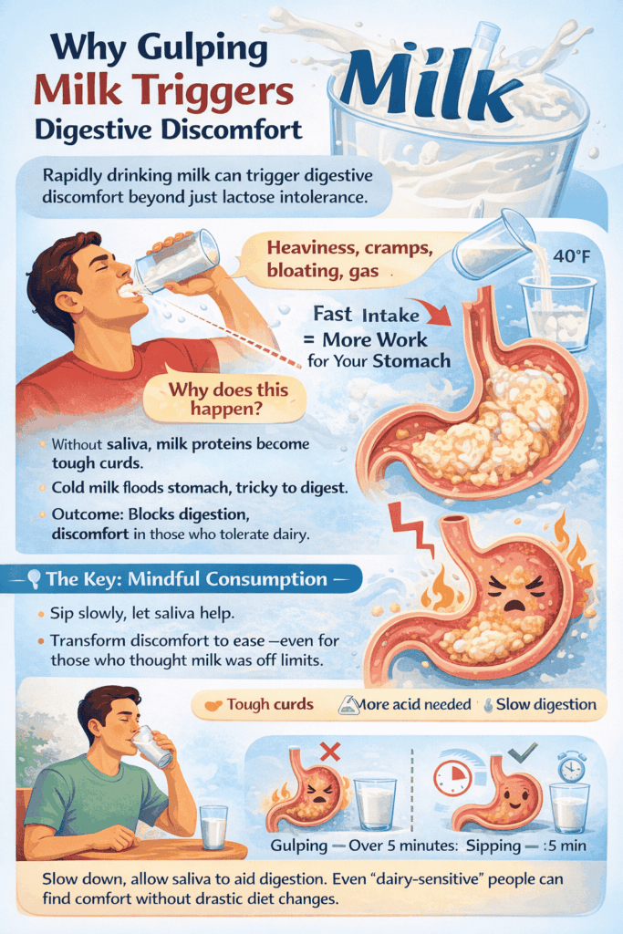 How to Digest Milk Better: 7 Tips to Avoid Bloating & Discomfort 1 how to digest milk better by sipping slowly, showing saliva action, curd formation, and stomach response.