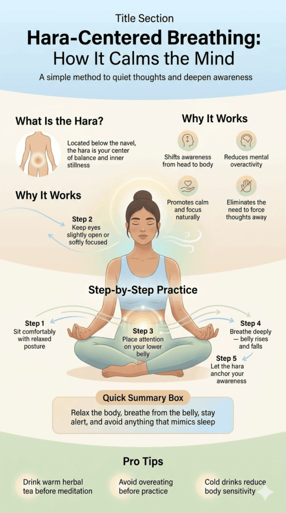 Sitting Meditation Guide: How to Stay Awake, Focused & Deepen Mindfulness 4 A sitting meditation breathing technique focusing on the lower belly (hara) to calm the mind and reduce overthinking. It shows how deep, belly-centered breathing improves awareness and mental stillness.