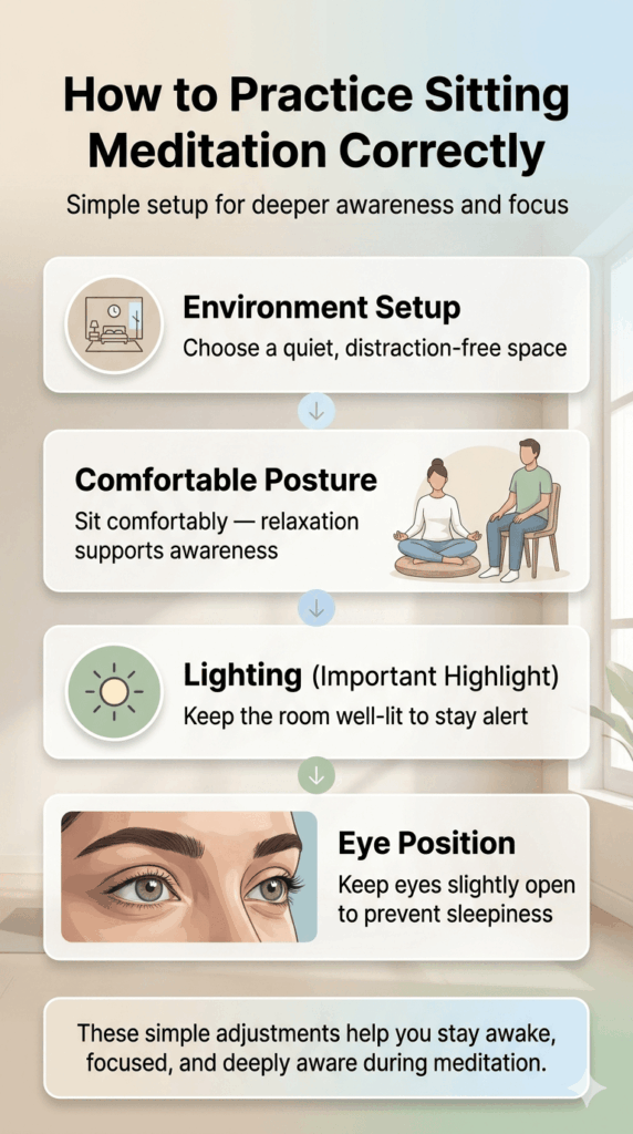 Sitting Meditation Guide: How to Stay Awake, Focused & Deepen Mindfulness 2 A simple guide to sitting meditation showing correct posture, lighting, and eye position for better focus. It highlights how to stay alert and avoid drowsiness during meditation practice.